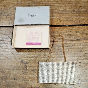 Vintage Wiesner of Miami Purse Metal Rhinestones Compact Box Chain Handle 50s